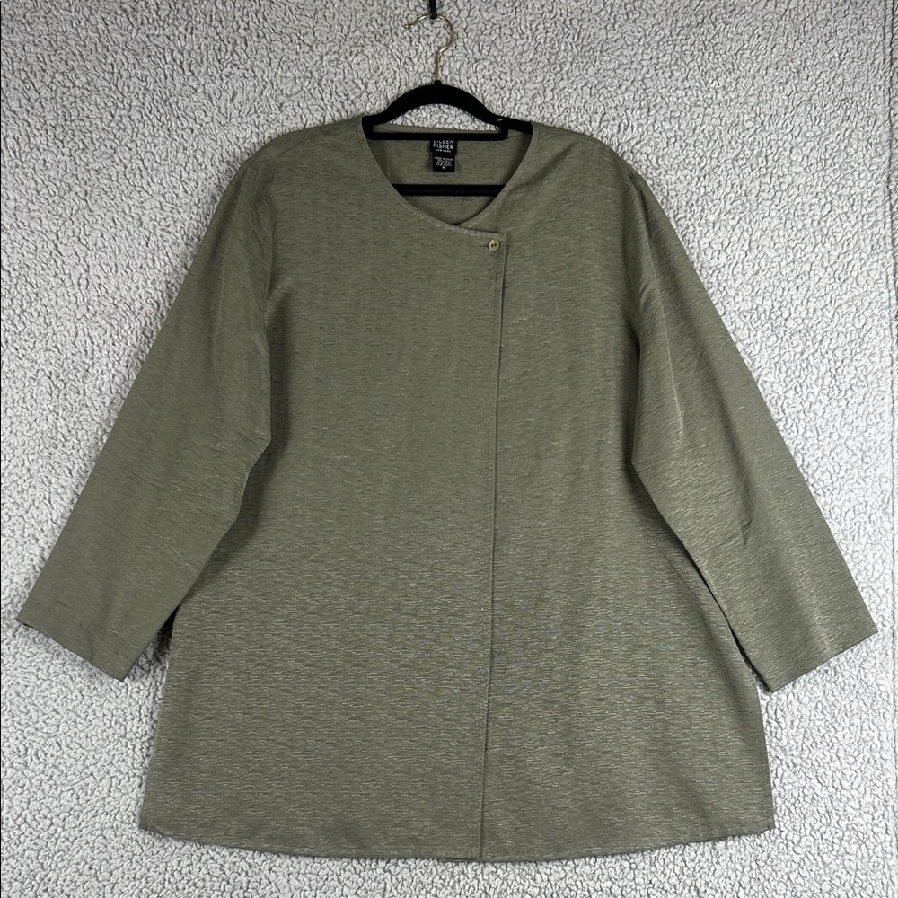Eileen Fisher 100% Silk Olive Green Long Sleeve Blazer Cardigan Women’s Size M